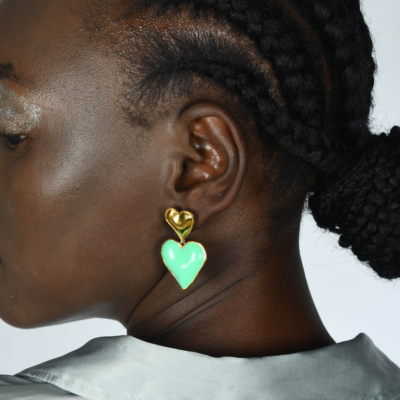 Light Green Enamel Heart Earrings (Water Resistance Premium Plating)