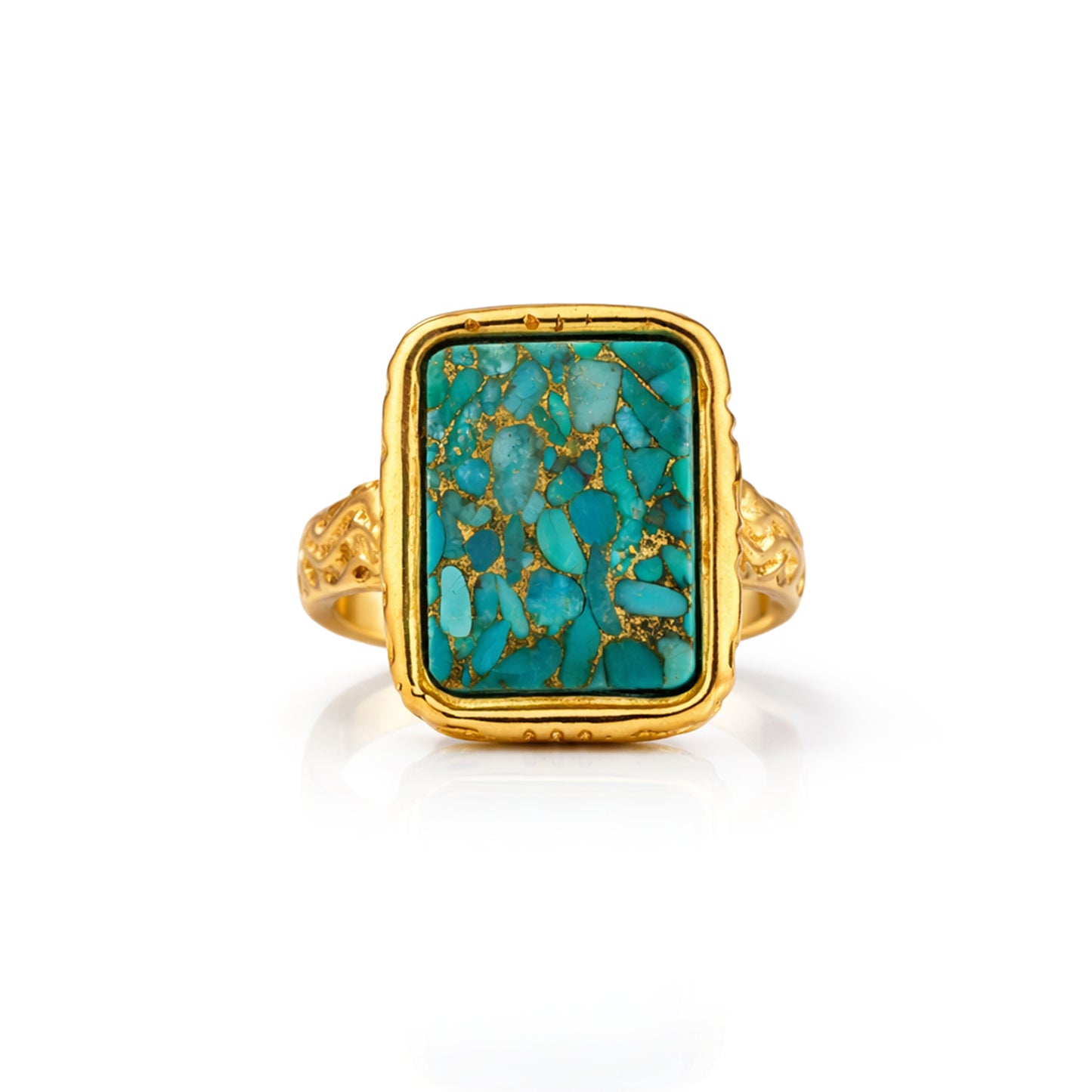 Gold ring with a turquoise stone on a white background