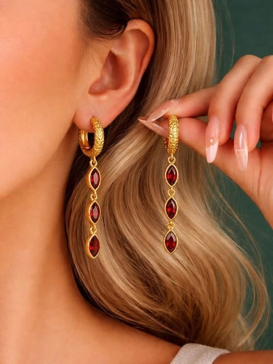 Gold Plated Garnet Triple Drop 92.5 Sterling Silver Earrings