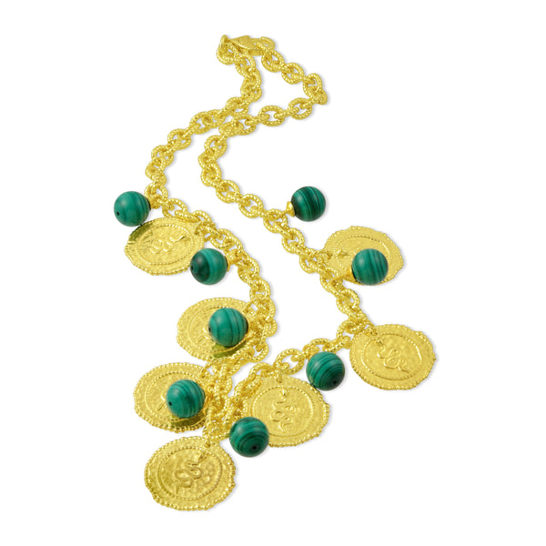 Snake Coin Charm Malachite Necklace (Water Resistance Premium Plating)