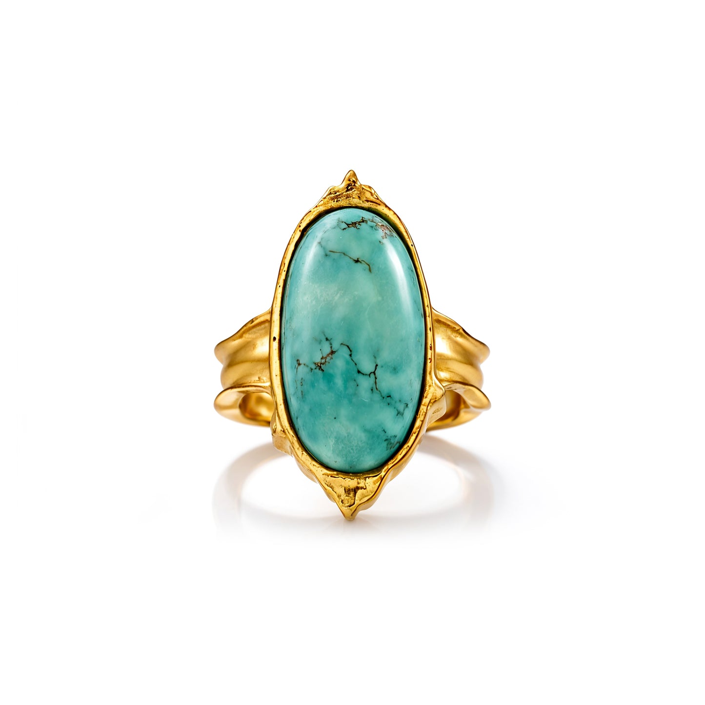Gold ring with a turquoise stone on a white background