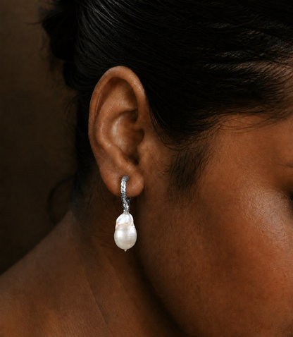 Rustic Pearl Drop Hoops Earrings (925 Sterling Silver)