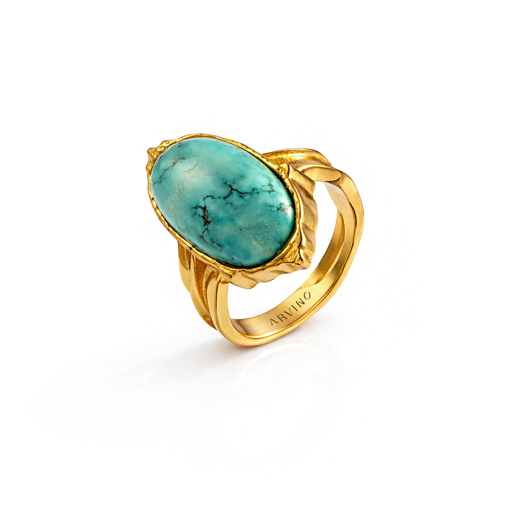 Gold ring with a turquoise stone on a white background