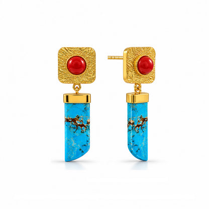 Turquoise Coral Geometric Drop Earrings