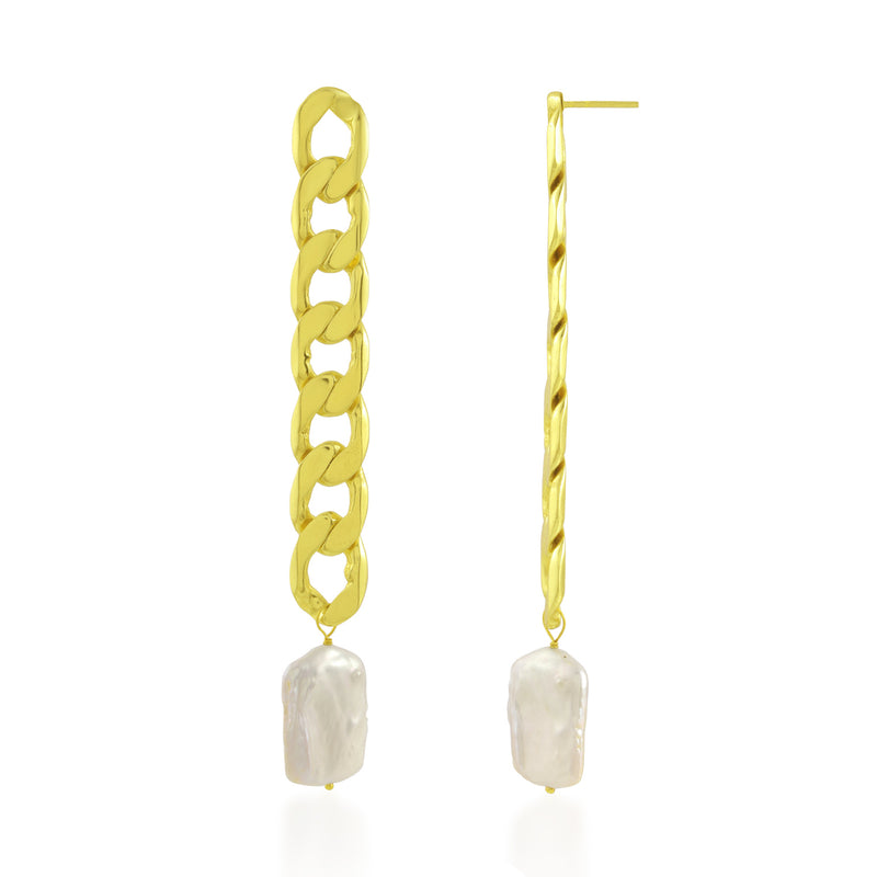 Cuban Chain Baroque Pearl Earrings (Water Resistance Premium Plating)