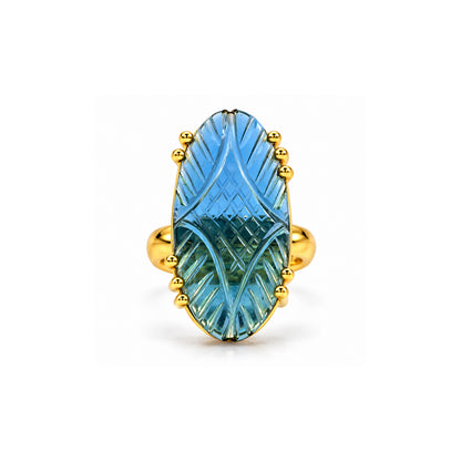 Carved Blue Glass Statement Ring