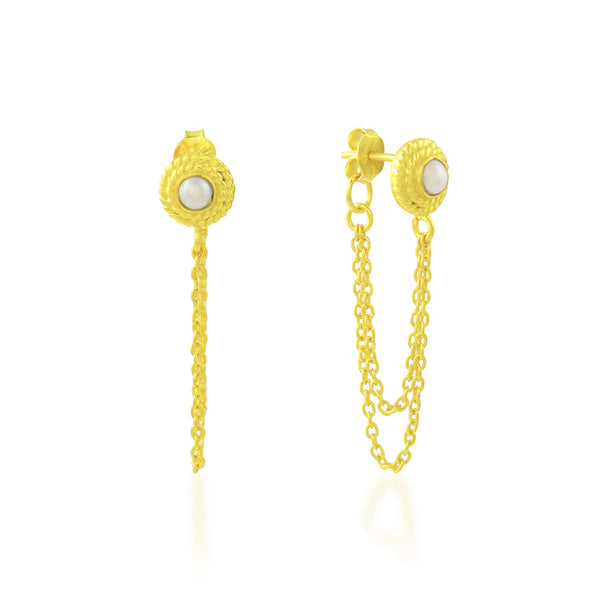 Textured Pearl Double Chain Earrings (Water Resistance Premium Plating)