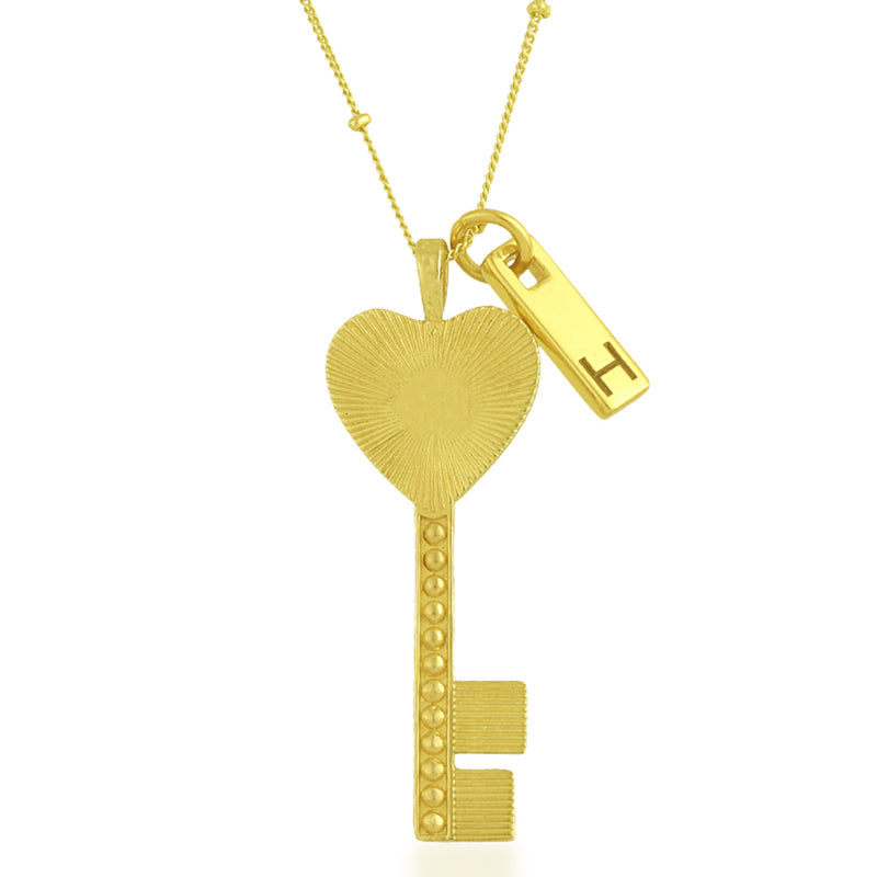Initial Bar Charm Key Necklace (Water Resistance Premium Plating)