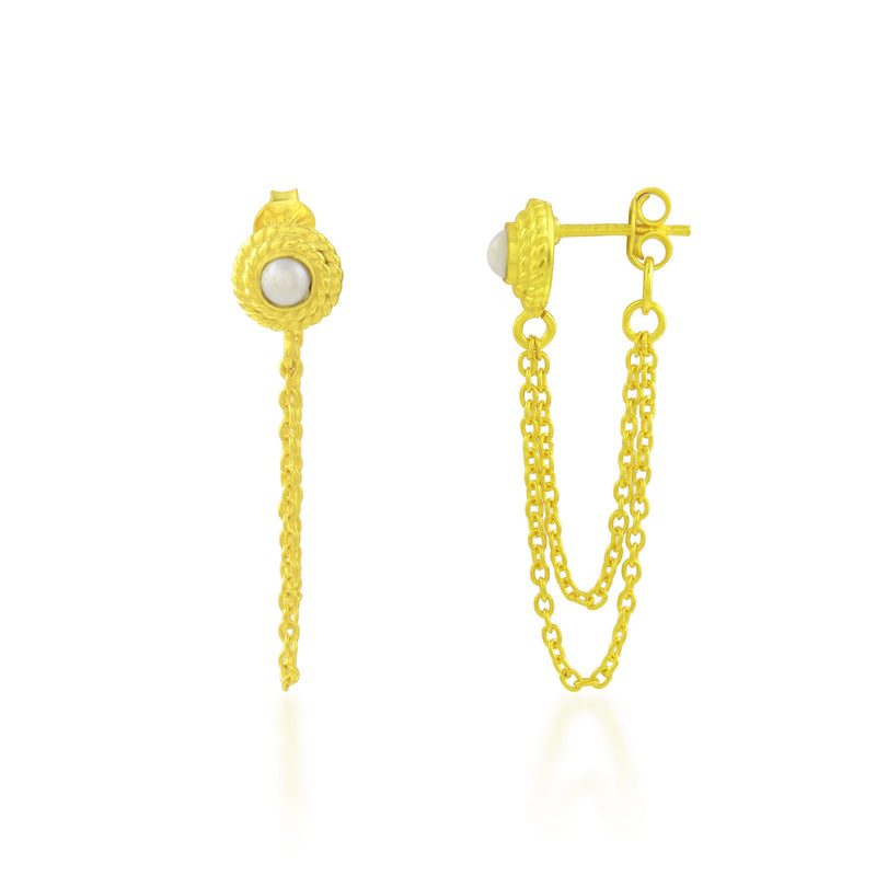 Textured Pearl Double Chain Earrings (Water Resistance Premium Plating)