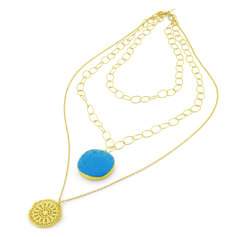 Textured Coin & Turquoise Layered Necklace (Water Resistance Premium Plating)