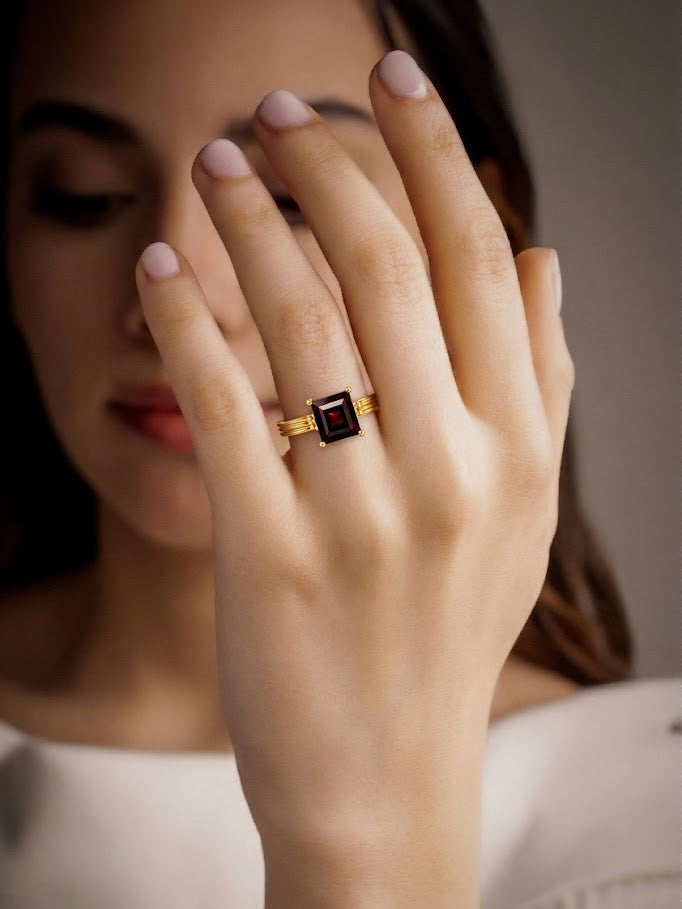 Gold Plated Garnet Solitaire 92.5 Sterling Silver Ring