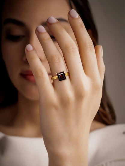 Gold Plated Garnet Solitaire 92.5 Sterling Silver Ring