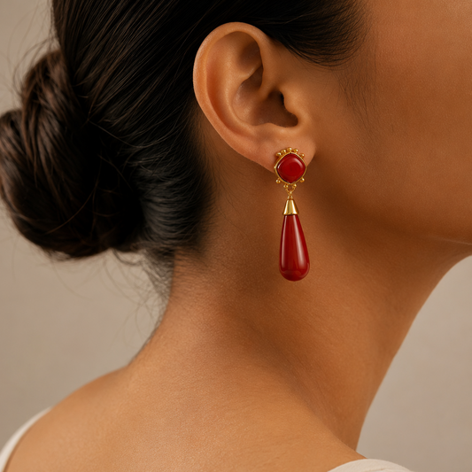 Red Onyx Long Drop Gold Earrings