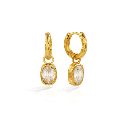 Gold Plated Crystal Drop Textured 92.5 Sterling Silver Hoop Earrings