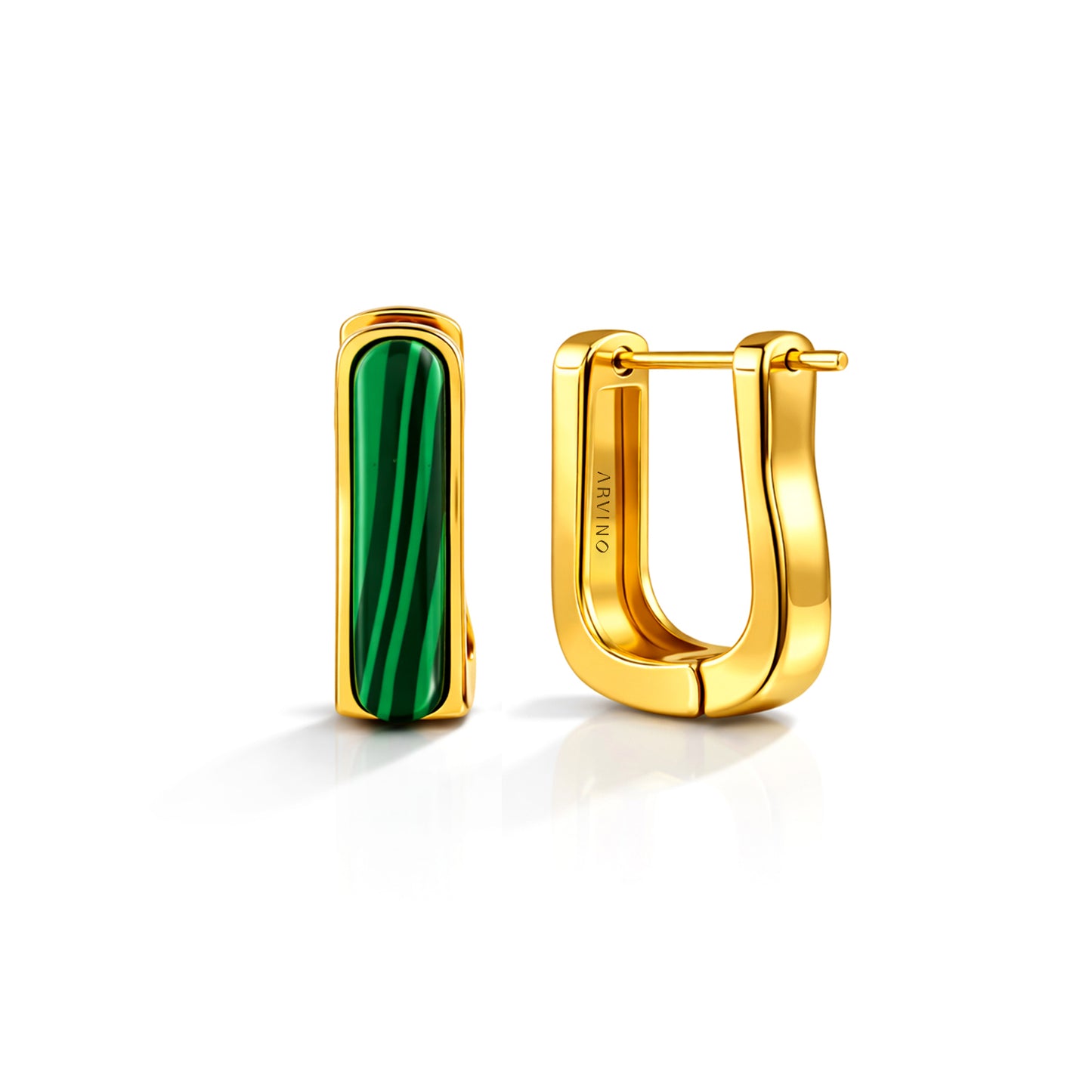 Gold Plated Malachite Bar Huggie Earrings