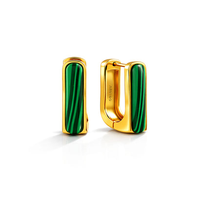 Gold Plated Malachite Bar Huggie Earrings