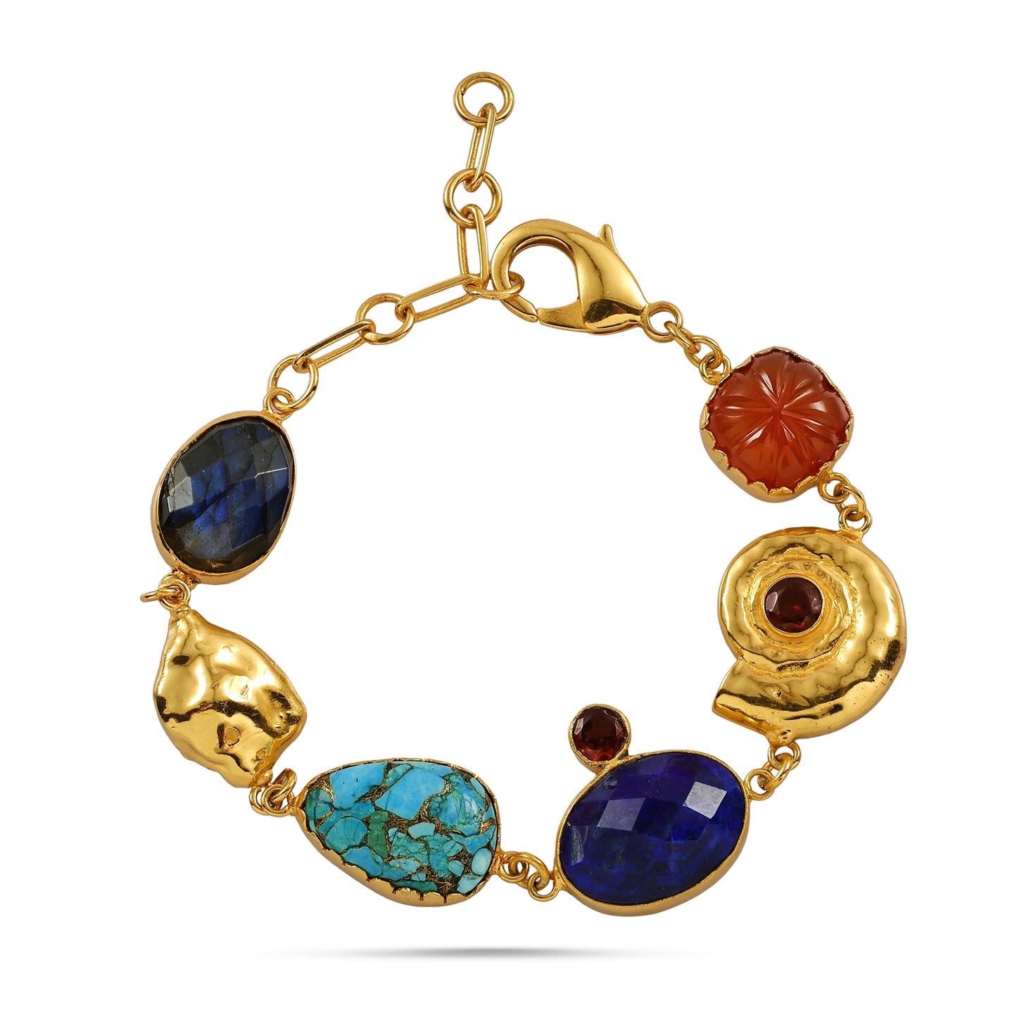 Gold bracelet with colorful gemstones on a white background