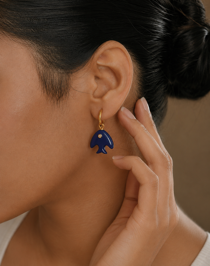 Deep Blue Fish Echo Huggies Earrings In 925 Sterling Silver
