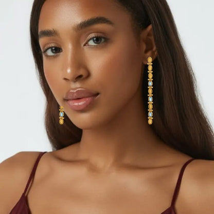 Vintage Gold & Blue Topaz Long Drop Earrings