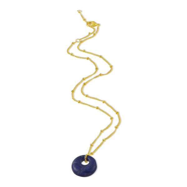 Lapis Disc Charm Necklace (Water Resistance Premium Plating)