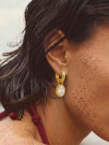 Gold Plated Crystal Drop Textured 92.5 Sterling Silver Hoop Earrings