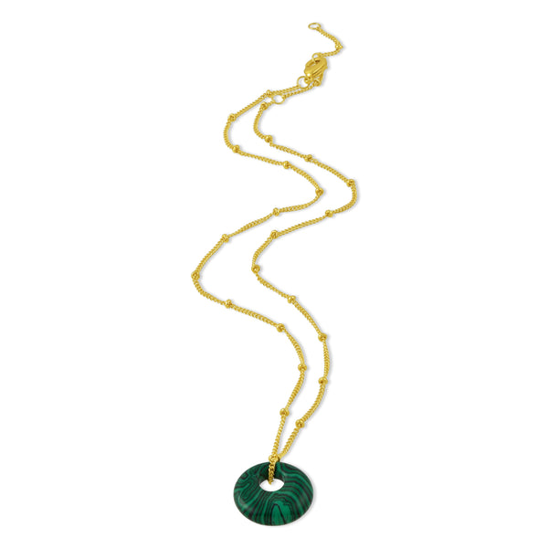 Malachite Disc Charm Necklace  (Water Resistance Premium Plating)