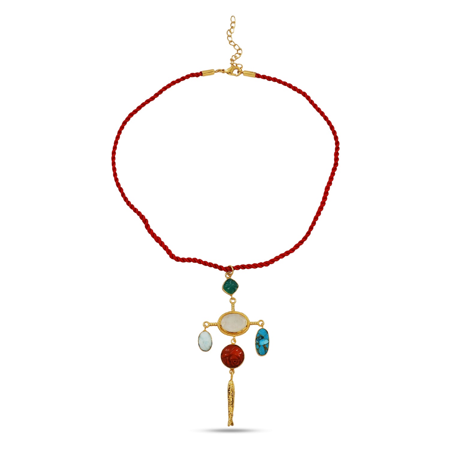 Necklace with red cord and colorful pendant on a white background