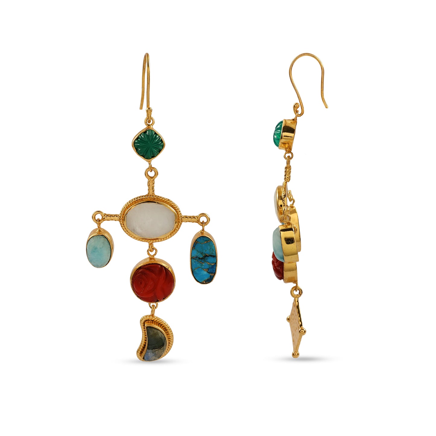 Gold earrings with colorful gemstones on a white background