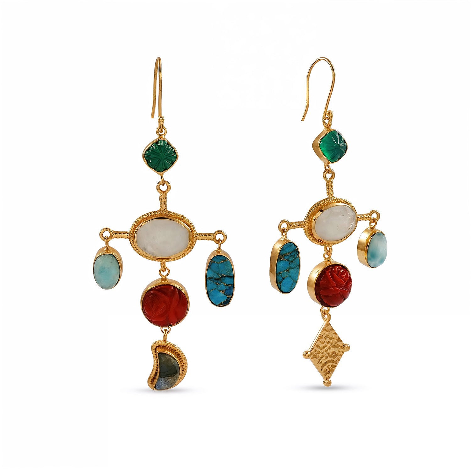 Pair of gold earrings with colorful gemstones on a white background