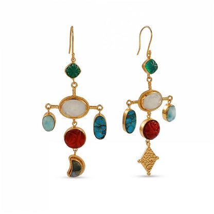 Pair of gold earrings with colorful gemstones on a white background