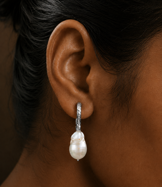 Rustic Pearl Drop Hoops Earrings (925 Sterling Silver)