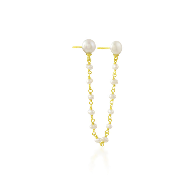 Single Stud Pearl Chain Earrings (Water Resistance Premium Plating)