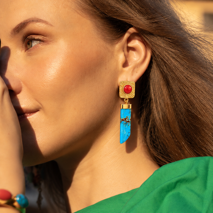 Turquoise Coral Geometric Drop Earrings