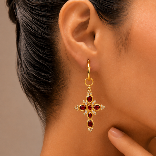 Ruby Cross Hoop Earrings