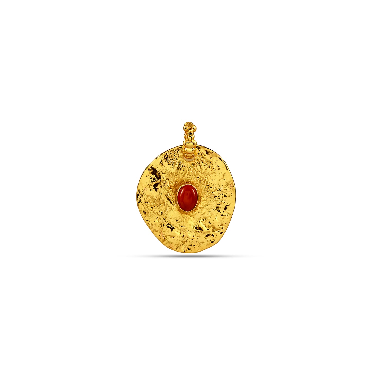 Gold pendant with a red stone on a white background