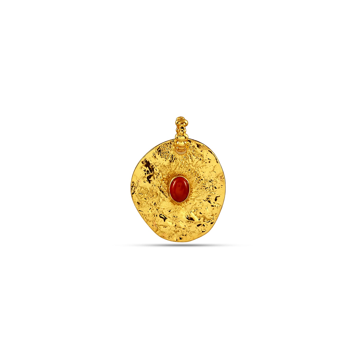 Gold pendant with a red stone on a white background