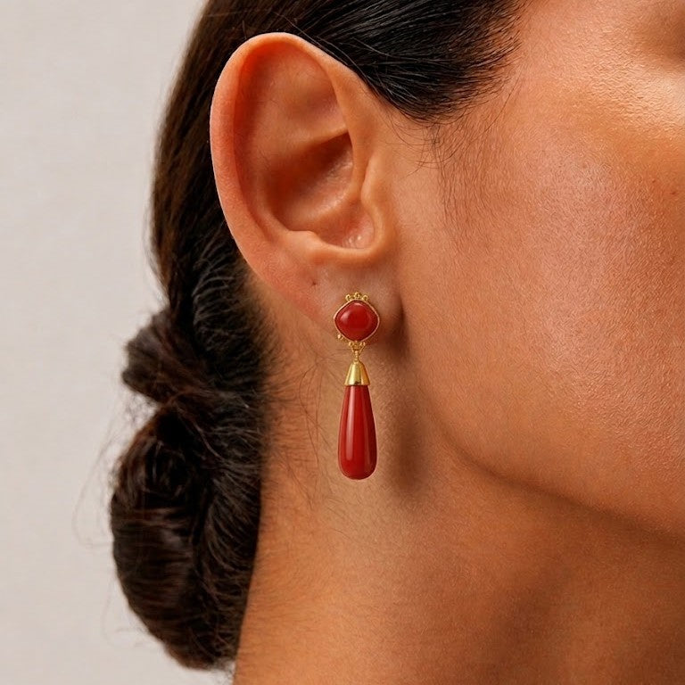 Red Onyx Long Drop Gold Earrings