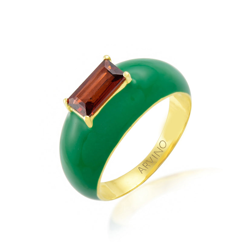 Green Enamel Garnet Ring (Water Resistance Premium Plating)
