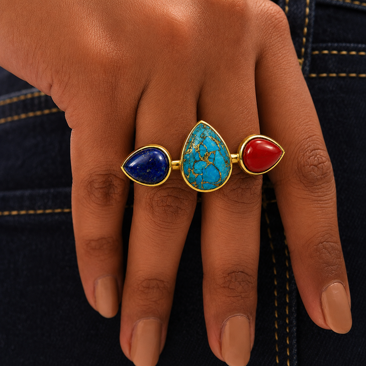 Lapis, Coral and Turquoise Dual Finger Ring