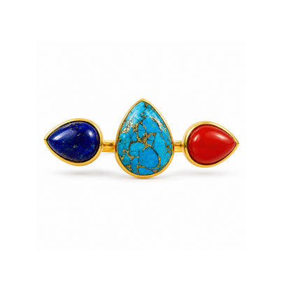 Lapis, Coral and Turquoise Dual Finger Ring