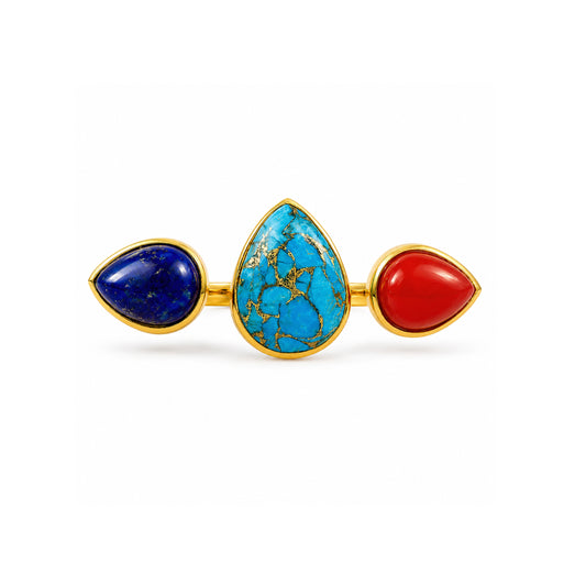 Lapis, Coral and Turquoise Dual Finger Ring