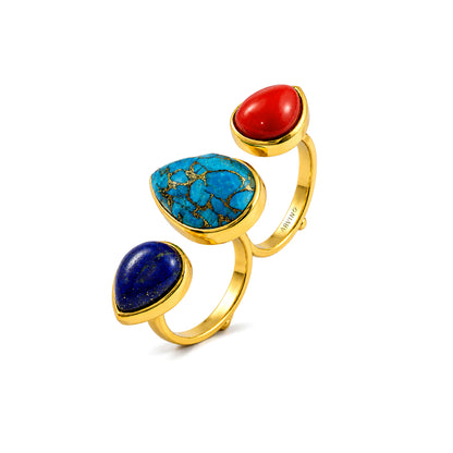 Lapis, Coral and Turquoise Dual Finger Ring