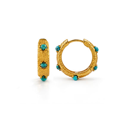 Turquoise Studded Textured  92.5 Sterling Silver Huggie Earrings