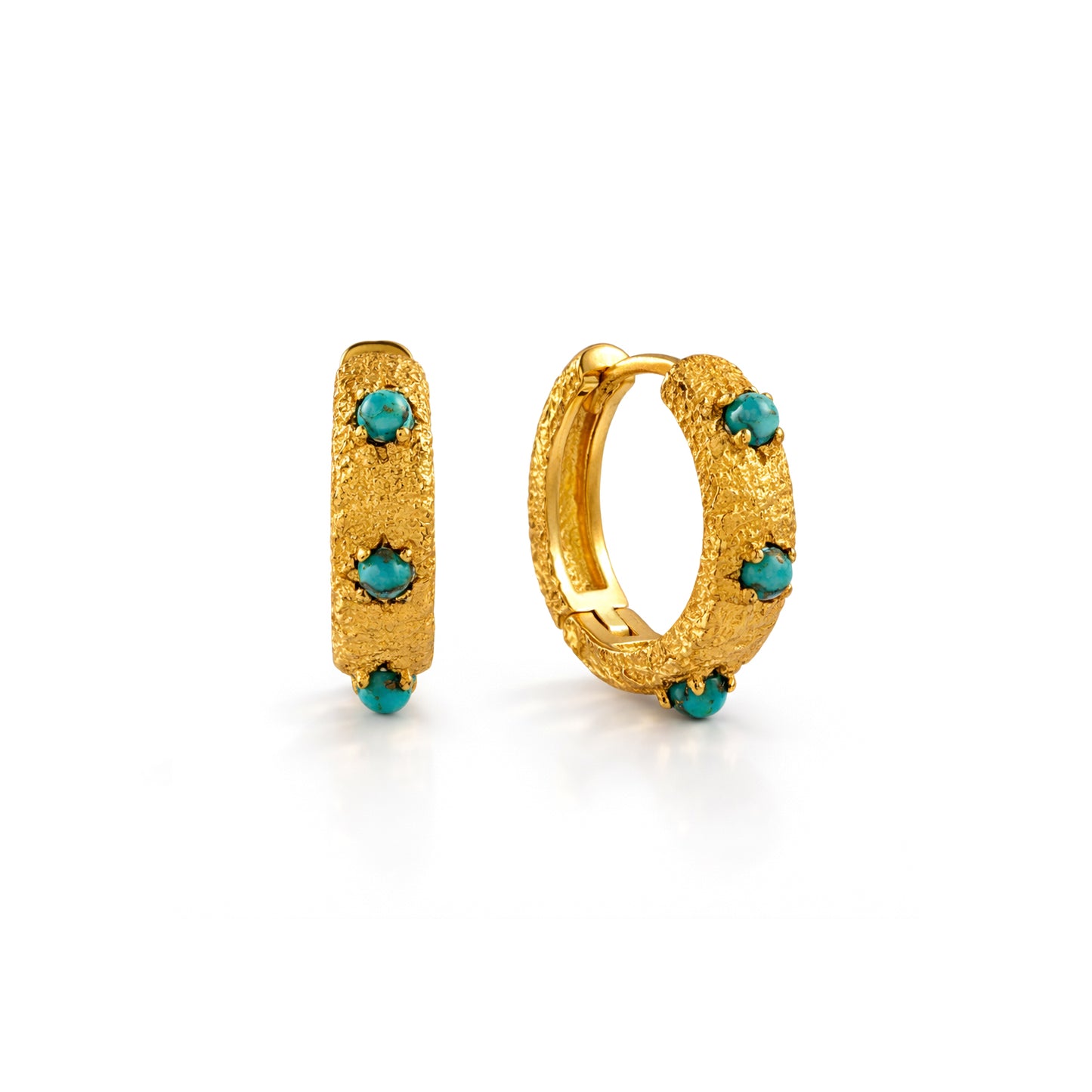 Turquoise Studded Textured  92.5 Sterling Silver Huggie Earrings