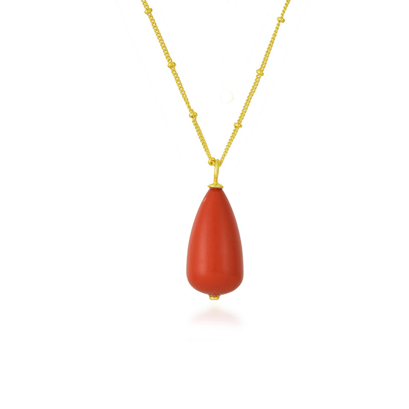 Coral Drop Charm Beaded Chain Necklace (Water Resistance Premium Plating)