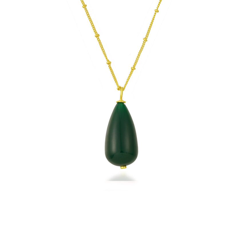 Green Jade Drop Charm Beaded Chain Necklace (Water Resistance Premium Plating)