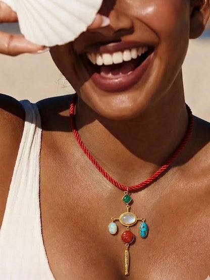 Bohemian Turquoise & Coral Pendant Necklace