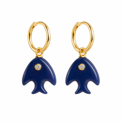 Deep Blue Fish Echo Huggies Earrings In 925 Sterling Silver