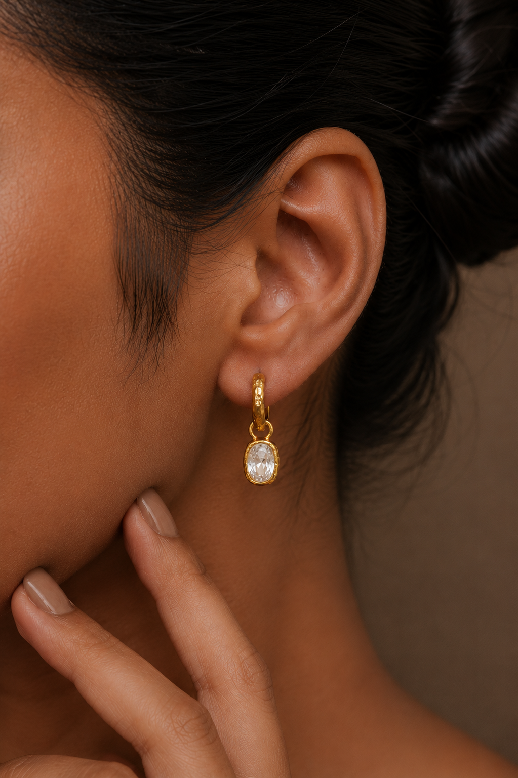 Gold Plated Crystal Drop Textured 92.5 Sterling Silver Hoop Earrings