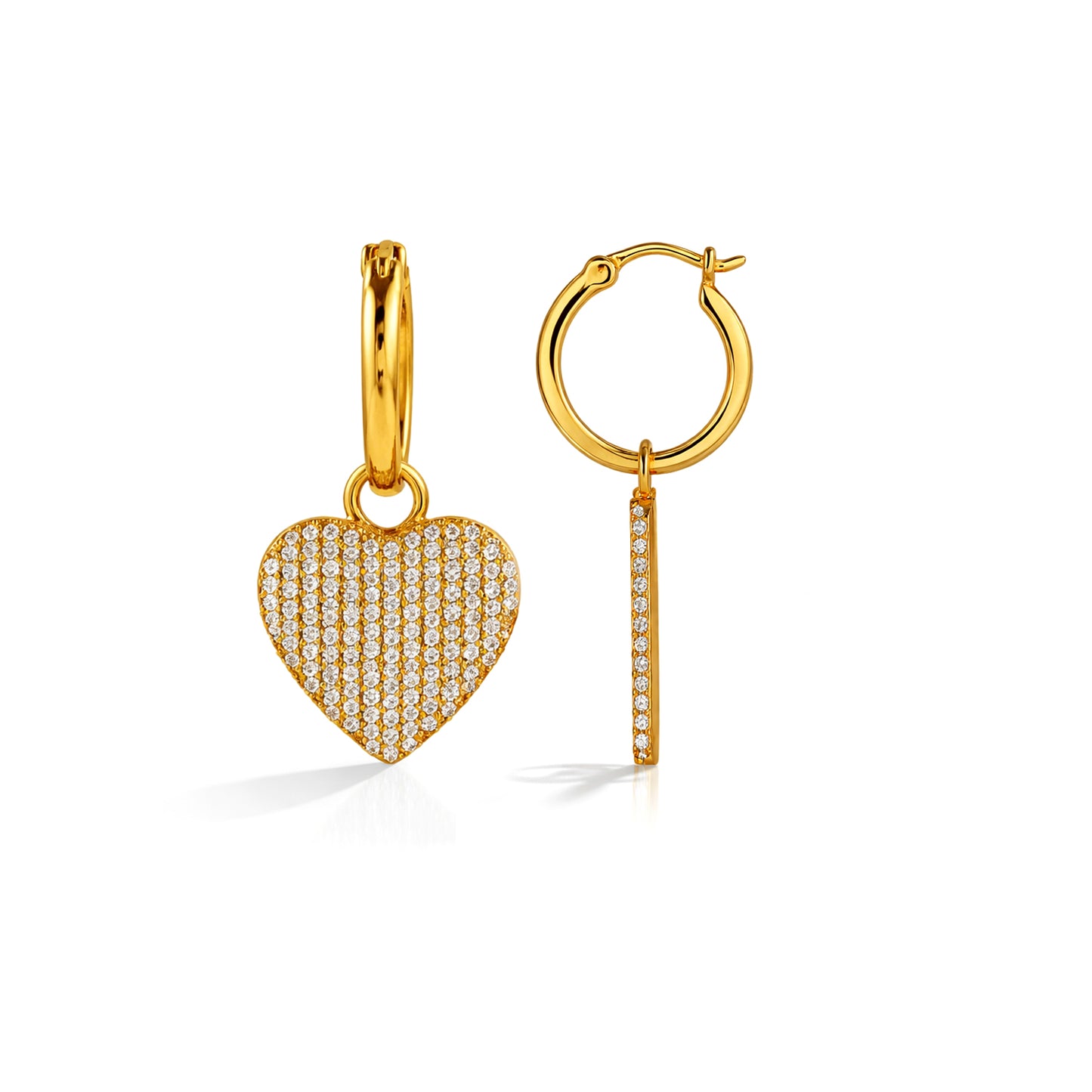 Gold Plated Crystal Pavé Heart Charm 92.5 Sterling Silver Hoop Earrings